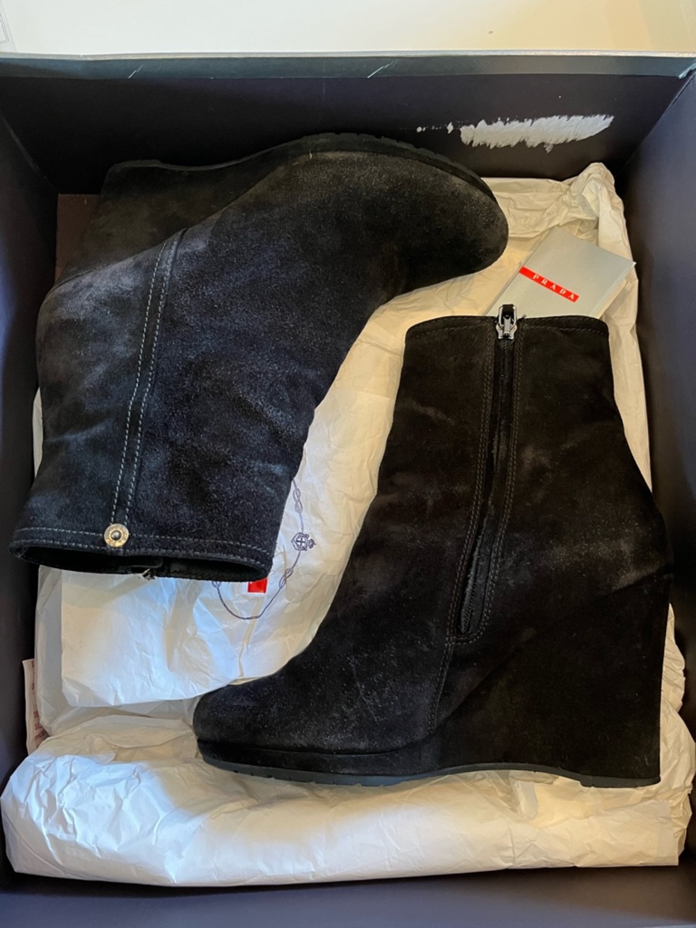 Prada Black Suede Wedge Ankle Boots